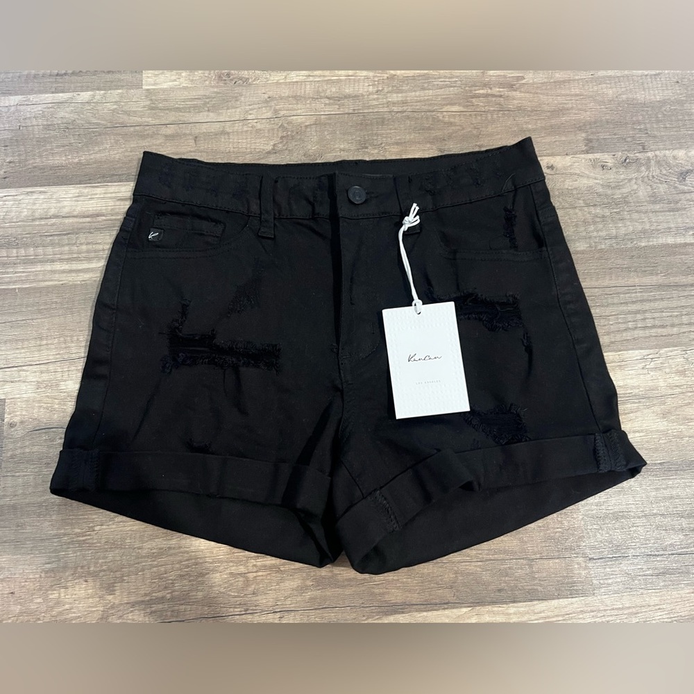 NWT KanCan Womans Black Stretchy Comfy Distressed Denim Shorts Size 27